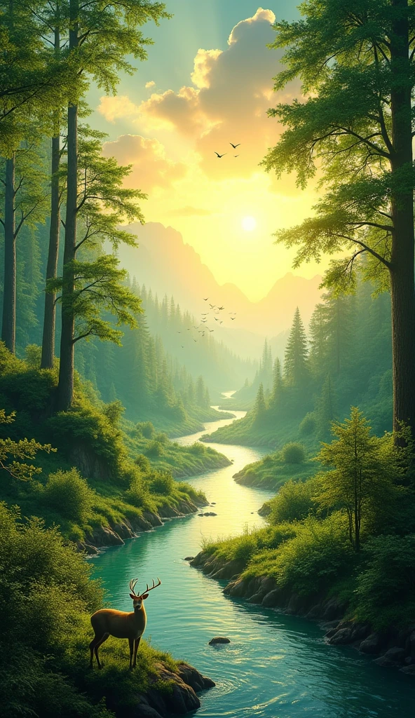 A breathtaking scene of a reborn world, with vibrant green forests, crystal-clear rivers, and a golden sunrise. The presence of divine light blesses the land, and all creatures live in harmony. The atmosphere is peaceful, with a sense of hope and renewal.