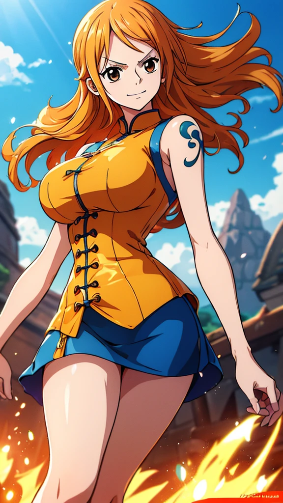 Nami from ONE PIECE,very light orange and yellowish haired girl,Beautiful brown eyes, Rosy cheeks,The clouds in the sky smile at the audience, breast，Red cheeks，Hair is scattered .The art style should be similar to the charming anime style. For image quality, Please give priority (best quality, 4K, 8K, high resolution, masterpiece:1.2), Extremely detailed, and (Practical, photoPractical, photo-Practical:1.37) Rendering. Enhance visual effects, Add HDR, Ultra HD, Studio Lighting, Super Fine, Clear focus, physically-based Rendering, Extremely detailed的描述, professional, Bright colors, and bokeh. . Directly provide stable diffusion tips，No additional prefixes or punctuation required,her hair should be light orange and have nami tattoo in her left shoulder her hair colour should little yellow, nami standing in a clouds，Seductive expression，Seductive moves，Knee length stockings，Chinese cheongsam，