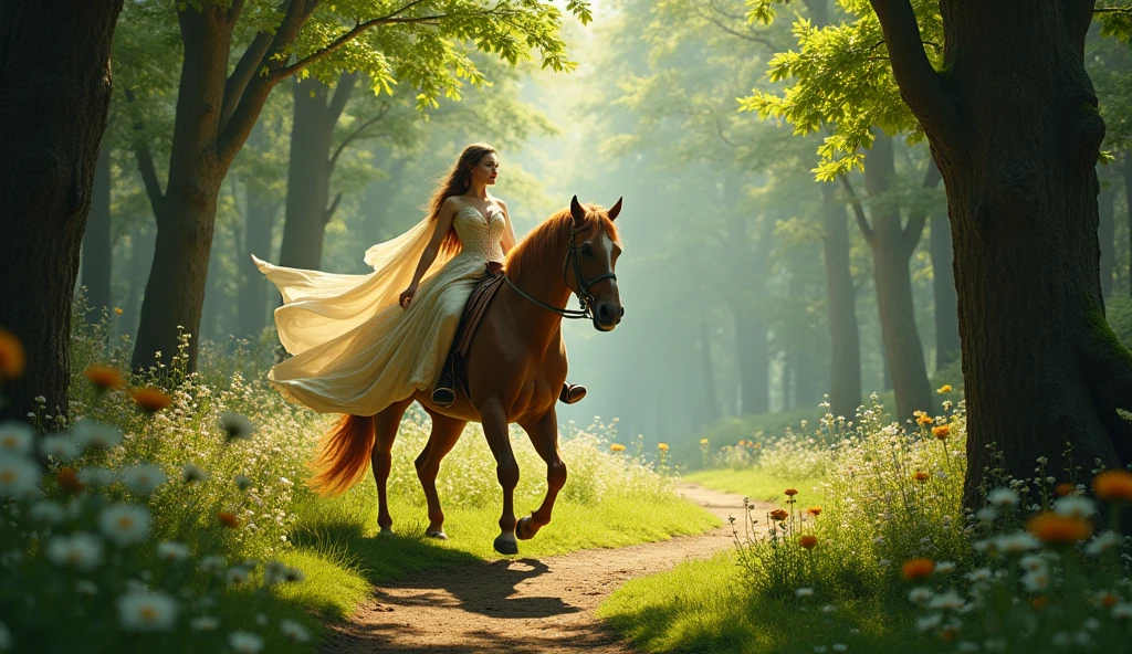 Both the princess and the prince are riding through the forest on horses. The princess's dress is simple but she is beautiful