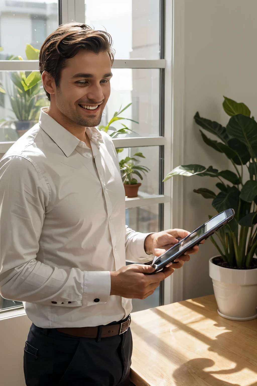 man in his 30s looks at his smartphone and fills out a contact form. a semi-transparent form with data to be filled out can be seen in the air: Name, Last Name, email, telephone, nationality, cargo. Man smiles. environment lit by mid-day sunlight. plants in a blurred background, paintings, interior environment of a house illuminated by a large window,  white or light cream walls, 