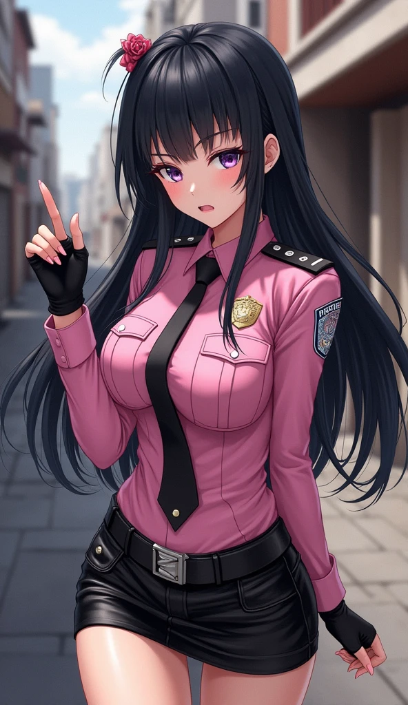 Dynamic composition,((masterpiece, Highest quality)), (Extremely rich facial detail, Realistic white skin, Realistic body, Intricate details), Special Effects Heroine Pink-themed uniform, Police style ,Fighting Pose, Black Leather Mini Skirt Japanese Black long hair anger Back alleys of slums black fingerless gloves Anime illustration, Realistic, oil Sharp Eyes