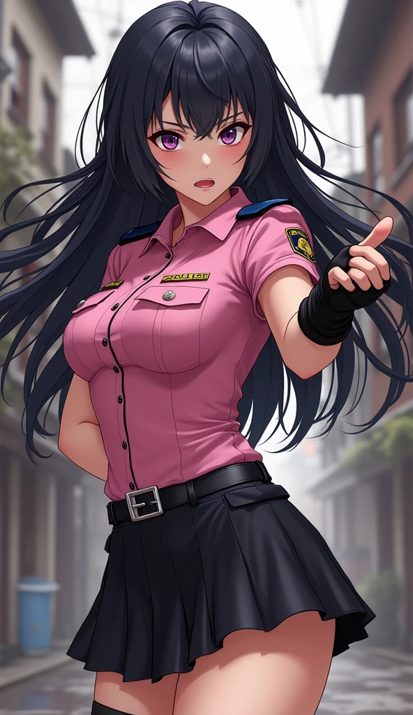Dynamic composition,((masterpiece, Highest quality)), (Extremely rich facial detail, Realistic white skin, Realistic body, Intricate details), Special Effects Heroine Pink-themed uniform, Police style ,Fighting Pose, Black Leather Mini Skirt Japanese Black long hair anger Back alleys of slums black fingerless gloves Anime illustration, Realistic, oil Sharp Eyes