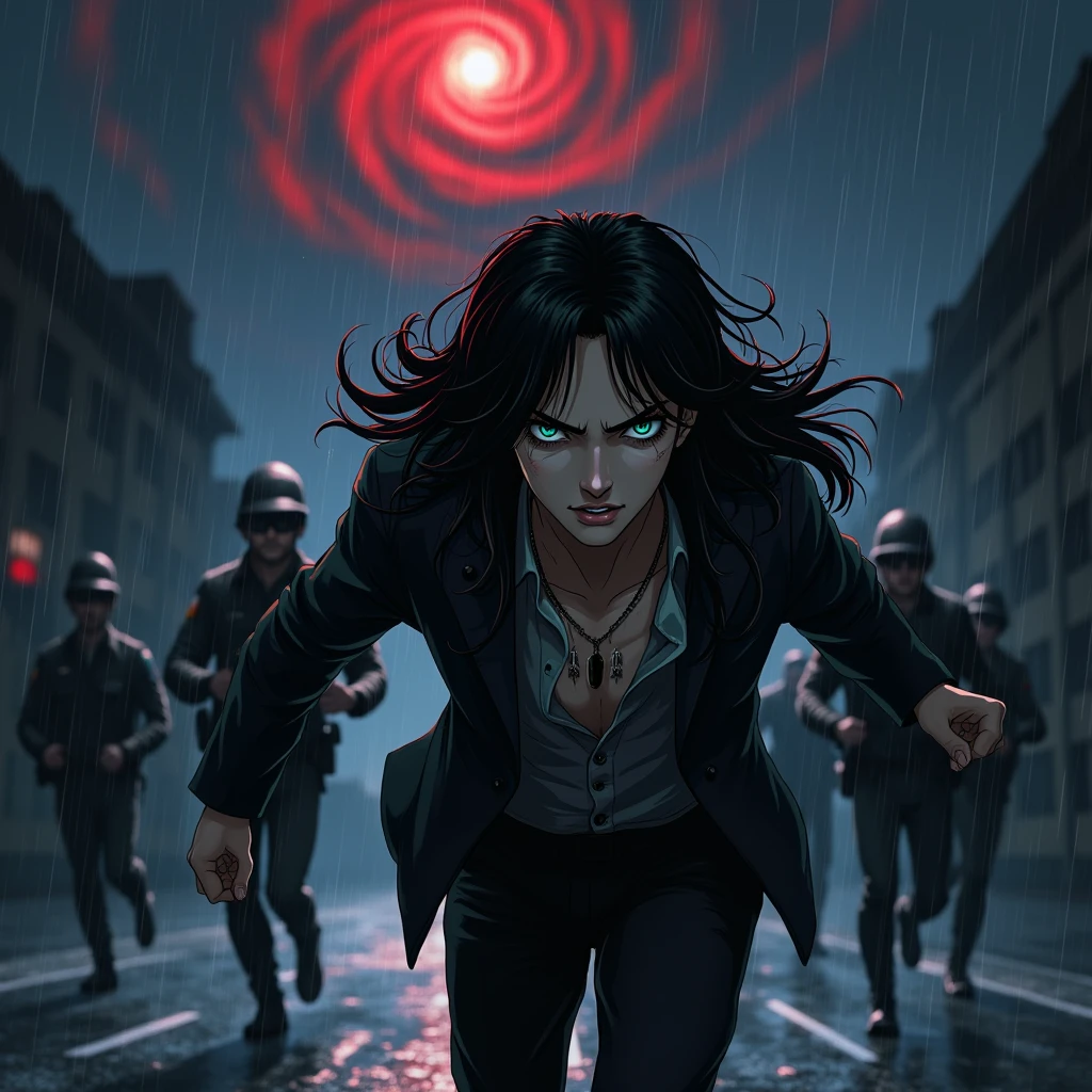 A young sexy male with delicate facial features, long black hair, teal blue eyes, long eyelashes, and gothic clothes. He's a long-wanted serial killer. ((((scary)))) Blood. malicious, insane expression. No facial or body hair. Anime. ((((((((Male, boy)))))))) (Horror) BITCH, MAKE IT MALE. Cops are trying to catch after him. Running. Raining. Vampire. Dark. Red highlights. Red sky. Mysterious. Midnight. Cartoon. Polices running after him