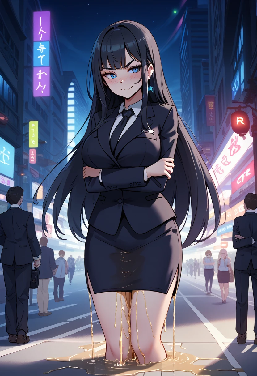 1girl, woman, (wetting self:2.0), desperation, (very long hair:1.5), straight hair, medium bangs, huge breasts, black hair, blue eyes, (black business suit:1.5), necktie, long pencil skirt, pantyhose, (blushing:1.5), aroused, orgasm, smirk, wavy mouth, trembling, (arms crossed:1.5), city, street, crowd, night, futuristic, colorful lights, colorful city