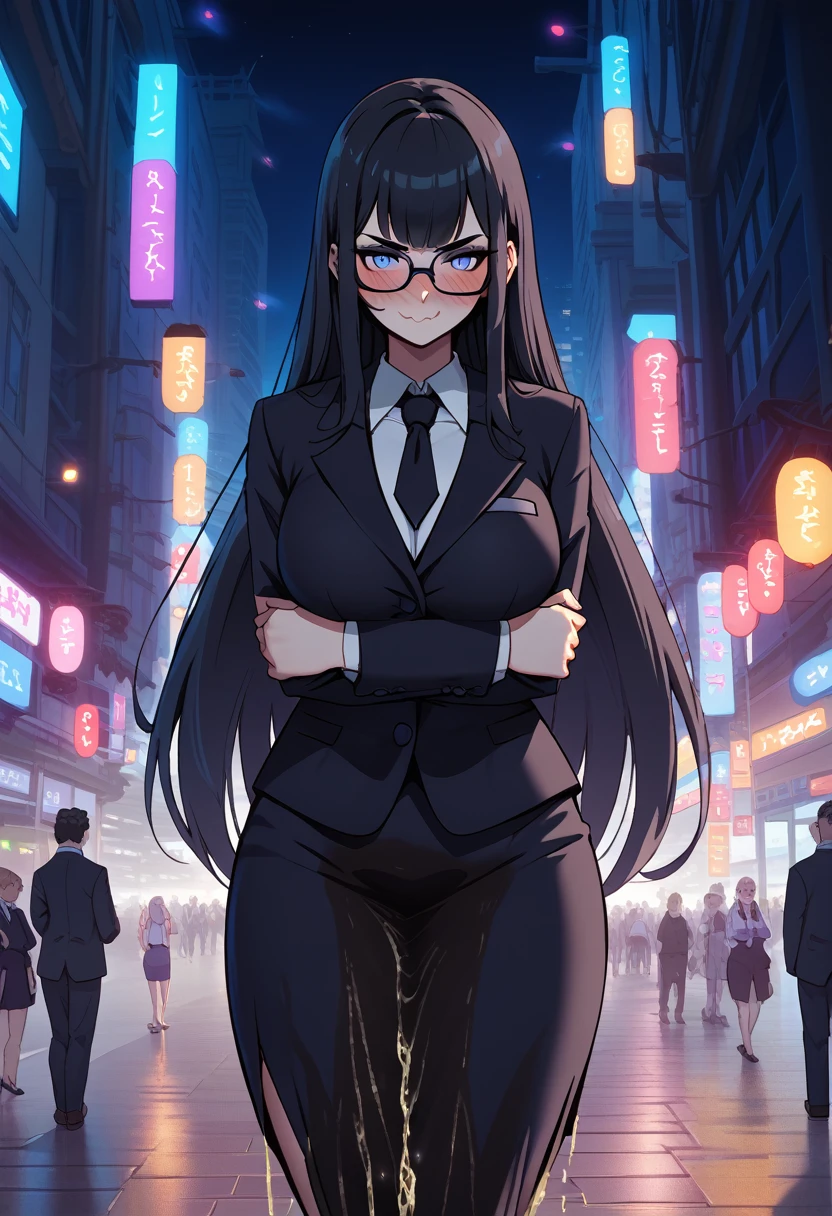 1girl, woman, (wetting self:2.0), desperation, (very long hair:1.5), straight hair, medium bangs, huge breasts, black hair, blue eyes, (black business suit:1.5), necktie, long pencil skirt, pantyhose, (blushing:1.5), aroused, orgasm, smirk, wavy mouth, trembling, (arms crossed:1.5), city, street, crowd, night, futuristic, colorful lights, colorful city