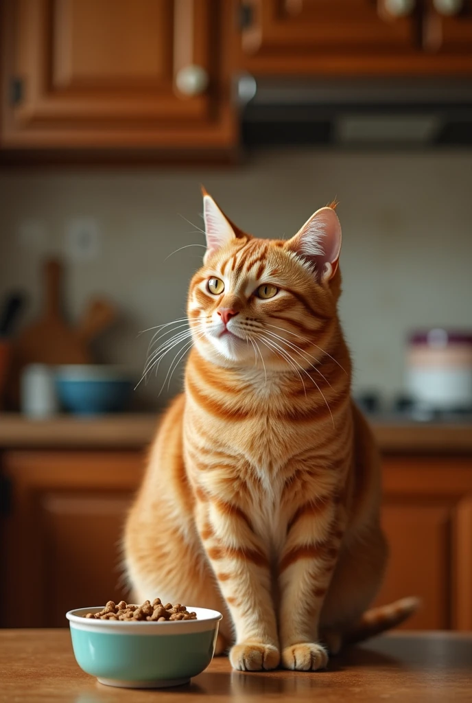 Chubby orange cat Back at home, Lisa begins to reduce Whiskers' food portions. She carefully measures out his meals, serving him smaller portions of specially formulated diet food. Whiskers sniffs at his bowl, confused and slightly disappointed. The once heaping servings are now just enough to satisfy his hunger, and he looks up at Lisa with pleading eyes. Though he adjusts to the change, he can’t help but feel the pangs of hunger more frequently.
