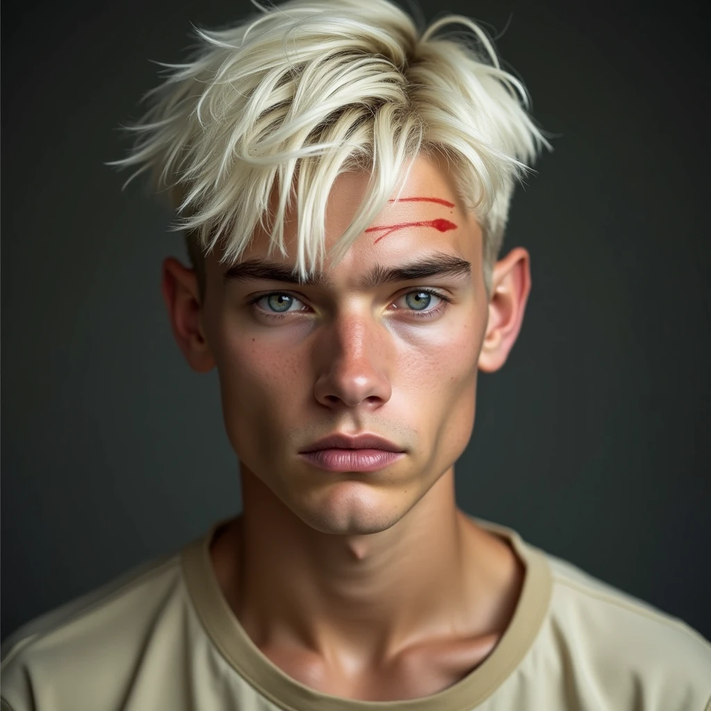 young man, white-blonde hair, gray eyes, distinctive facial features, serious look, beige clothing, small scar on the eyebrow