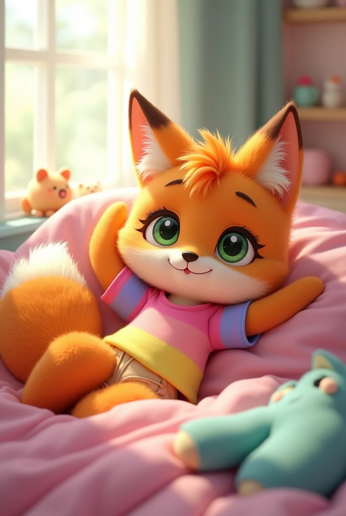 a cartoon 2d anthropomorphic fox girl ??? wearing a pink, yellow, and blue gradient shirt relaxing on top of a bed. She’s bottomless.