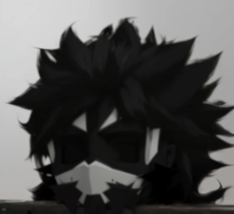 anime character with black hair and a white shirt sitting on a ledge, wild spiky black saiyan hair, half body headshot, (dark curly shorter hair), unknown art style, dark hair, spiky checkered hair, smooth fur, he has dark gray hair, faceless twisted god, black fur, blcak hair, detailed and out of focus face, anime style and more humanized while keeping the white mask on the face