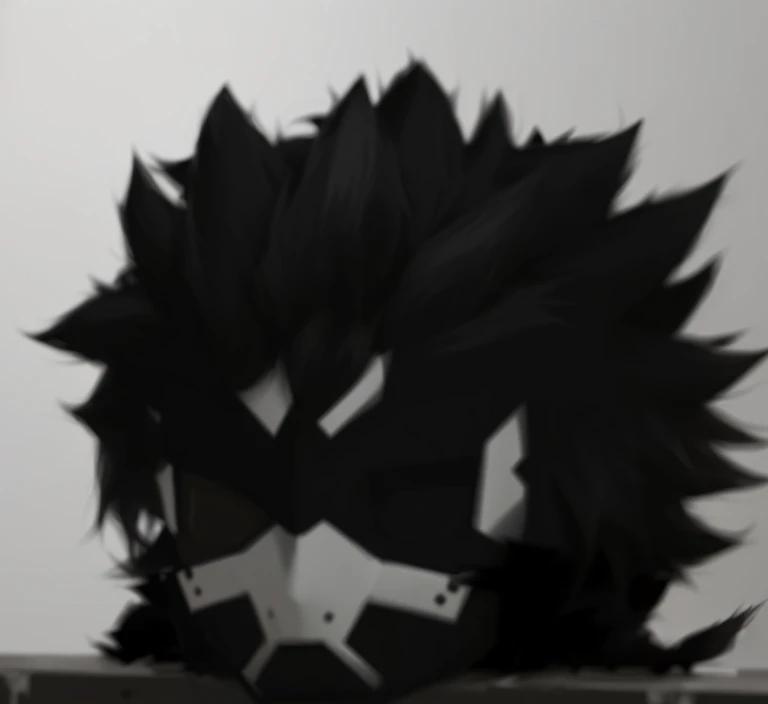 anime character with black hair and a white shirt sitting on a ledge, wild spiky black saiyan hair, half body headshot, (dark curly shorter hair), unknown art style, dark hair, spiky checkered hair, smooth fur, he has dark gray hair, faceless twisted god, black fur, blcak hair, detailed and out of focus face, anime style and more humanized while keeping the white mask on the face