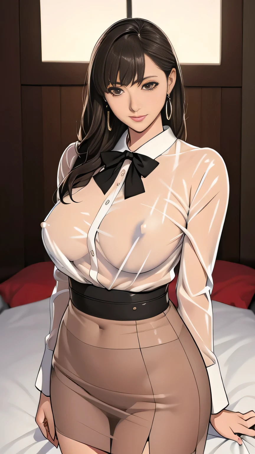 A Japanese mature woman, Long sleeve cut and sewn top with see-through arms, flared skirt with belt, slender figure, height: 16cm, weight: 42kg, measurements: 80-55-80cm, drawn from waist to head,very long hair, big hair, bangs pinned back, bow-shaped hair, hollow eyes, sanpaku, hoop earrings, smile, depth of field, UHD, masterpiece, best quality, 8k