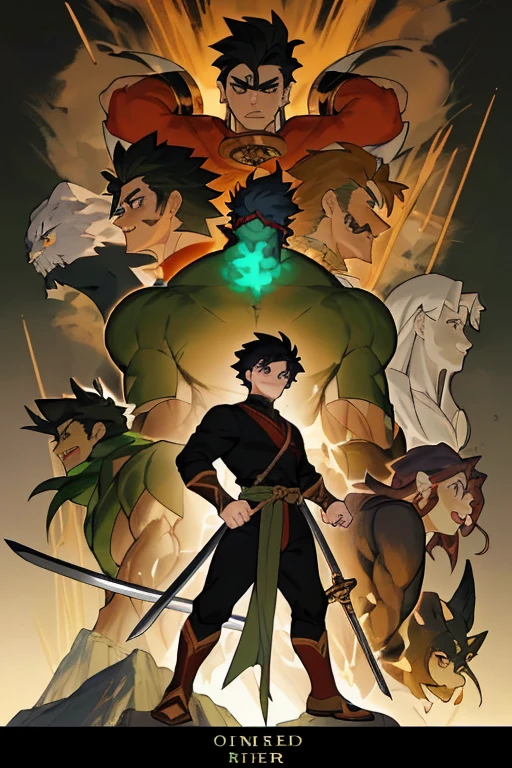 "Series Title: God of Beasts among hunters", World, where every person has an aura. Our hero will have a mighty color, Mighty aura. He will be dressed like a beast hunter, with black hair.. Our hero is on a hill, Where can you see the cave, Swords fly. Our hero is a man: 1.2), (Outstanding RPG writer: 1.1), The perfect combination of elements.