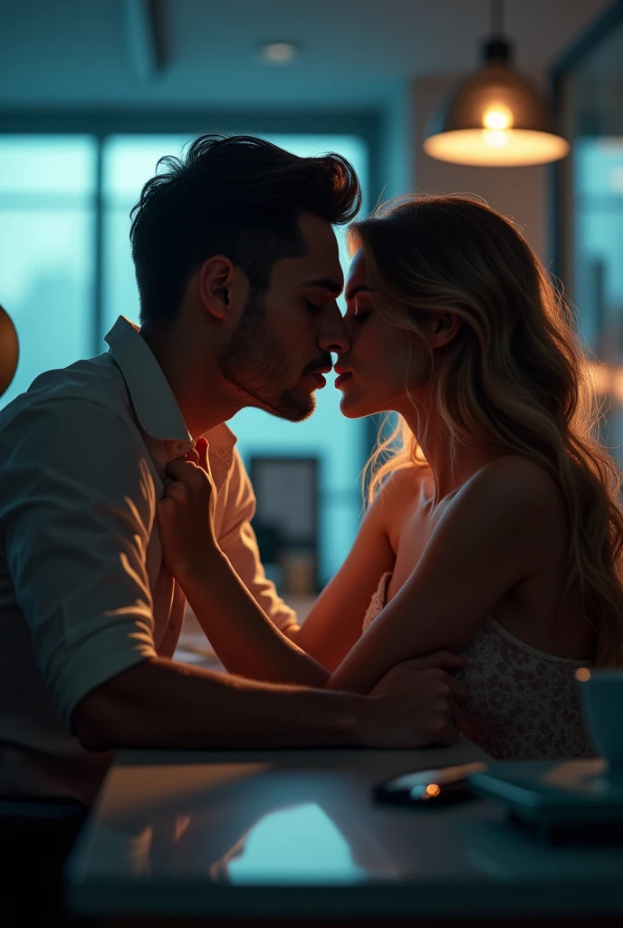 (fictional) A passionate couple in a modern office setting, engaging in an intense and intimate act on a sleek glass office desk. The female is depicted with captivating, detailed eyes and full, luscious lips. The male possesses a strong, muscular physique, portraying raw desire. The lighting is dim, casting subtle shadows, creating an aura of secrecy and excitement. The image quality is of the highest standard, with a 4k resolution, bringing out every intricate detail and adding depth to the scene. The artwork is created using a mixture of digital rendering and professional photography, resulting in a stunning hyper-realistic composition. The provocative nature of the scene is accentuated by a blurred, dreamlike ambiance, emphasizing the sensory experience. The color palette is rich and vibrant, showcasing deep hues and contrasting tones, enhancing the intensity of the moment. The office environment is hinted at, with modern office equipment and furniture subtly visible in the background, adding a touch of realism. The overall atmosphere is one of passion and forbidden desire, making this artwork an alluring and evocative masterpiece.