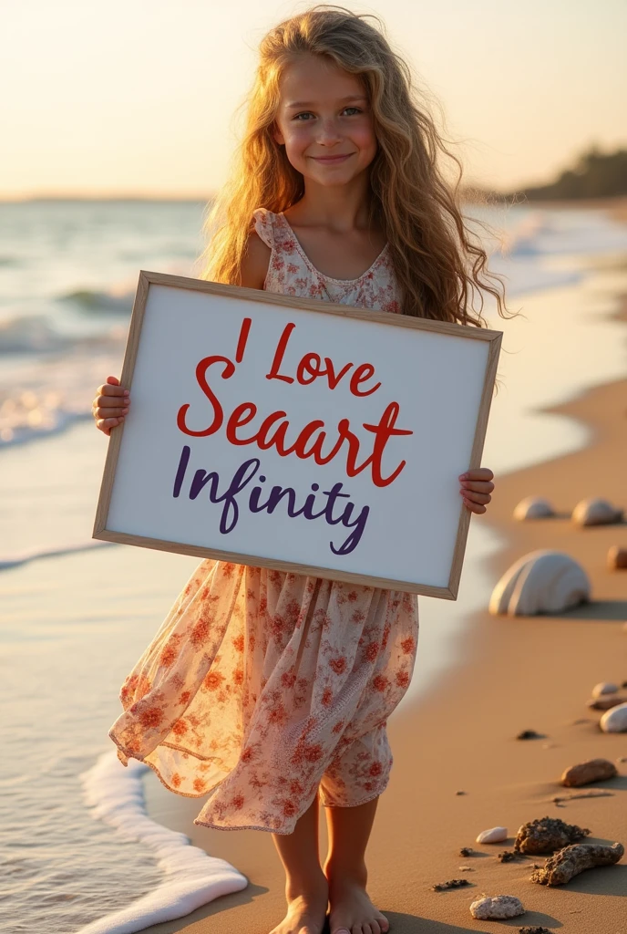 Beautiful girl with wavy long hair, bohemian dress, holding a white board with text "I Love Seaart Infinity" and showing it to the viewer