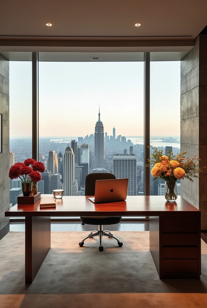 Create a penthouse with a home office, where you can work beautifully by yourself with a huge awesome view of the skyline with the cool MacBook in front of you on the table nice table everything is very nice simple modern, being rich and luxurious a couple of 12 flowers at the end and a few pictures on the wall and cool lighting