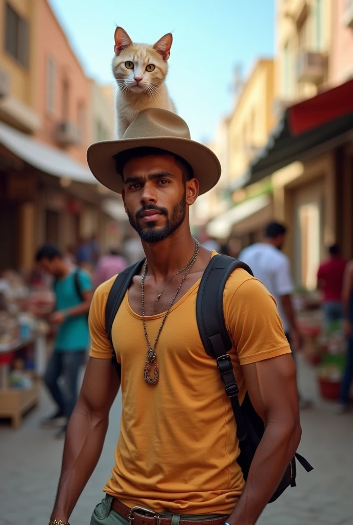 A 22-year-old North African with a goatee, short hair athletic body charming look carrying a cat on his shoulder with a hat on his head