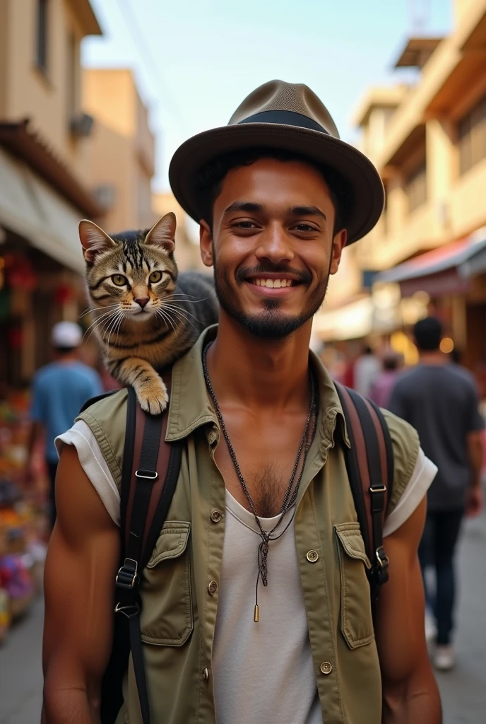 A 22-year-old North African with a goatee, short hair athletic body charming look carrying a cat on his shoulder with a hat on his head 