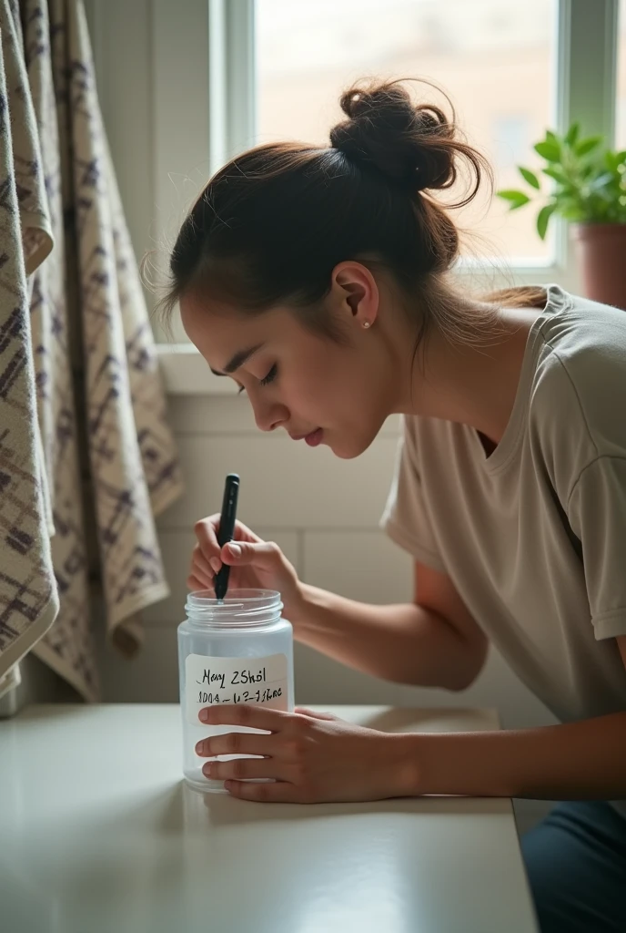 Person writing personal details on a small plastic cylindrical jar for collecting stool