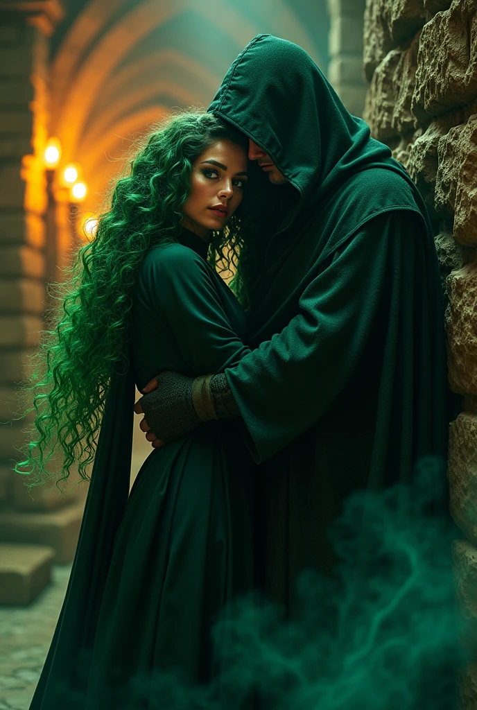 A witch with long, dark green curly hair, imprisoned by a hooded man.