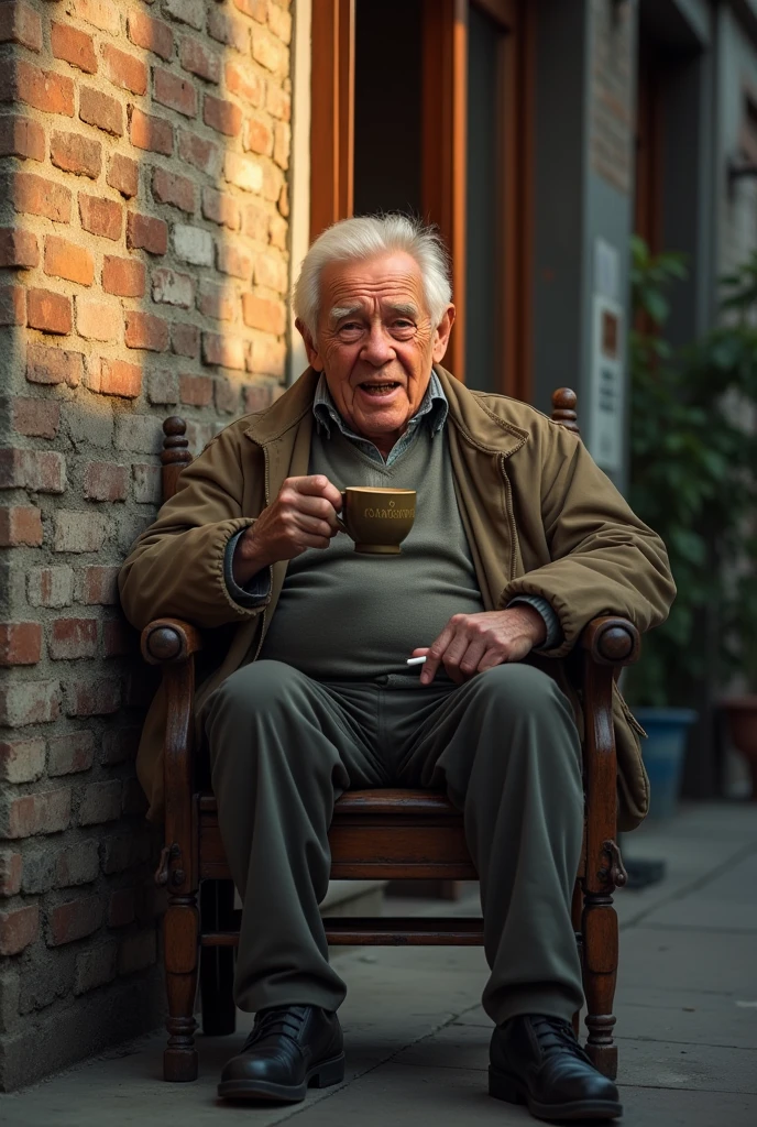 (photorealism:1.2) realistic high detailed definition old man sitting on chair left hand hold cup of coffee and right hand hold cigarette smile face background filthy bricks wall on the street morning mode sunlight effect silhouette