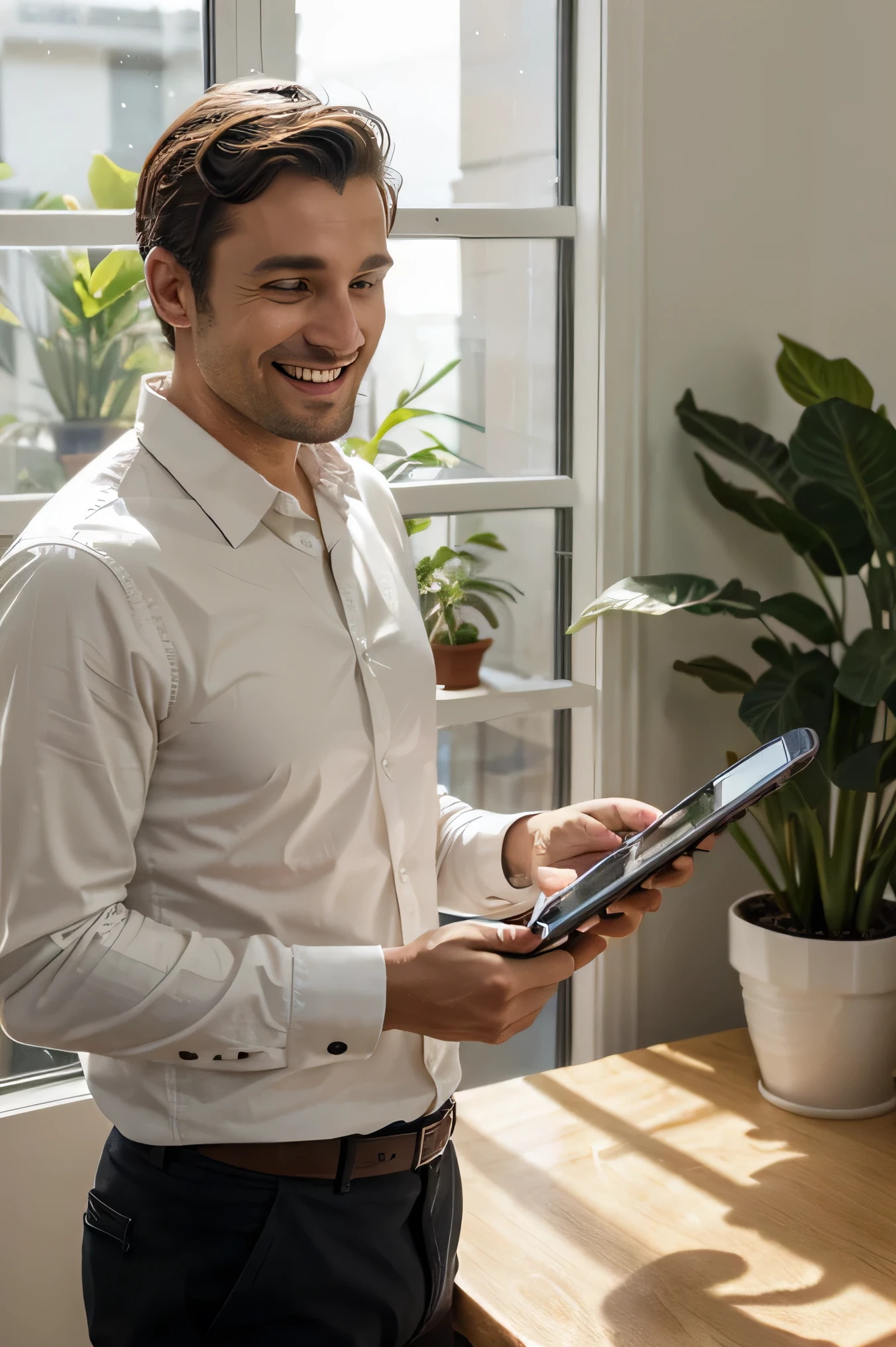 man in his 30s looks at his smartphone and fills out a contact form. a semi-transparent form with data to be filled out can be seen in the air: Name, Last Name, email, telephone, nationality, cargo. Man smiles. environment lit by mid-day sunlight. plants in a blurred background, paintings, interior environment of a house illuminated by a large window,  white or light cream walls, 