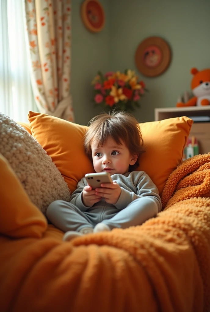 Cute Instagrammable brown eyes short iron legs and arms, he is lying on the couch looking at the phone in his hand with his mouth open