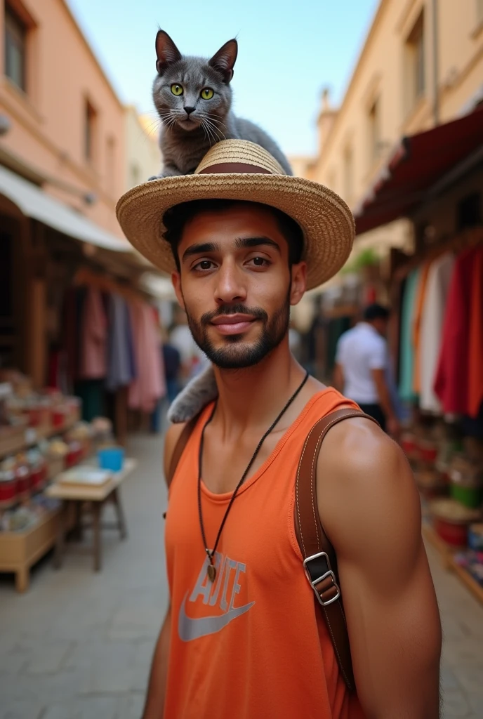 A North African with an athletic build in his twenties, charming gaze, carrying a cat on his shoulder with a hat on his head. 