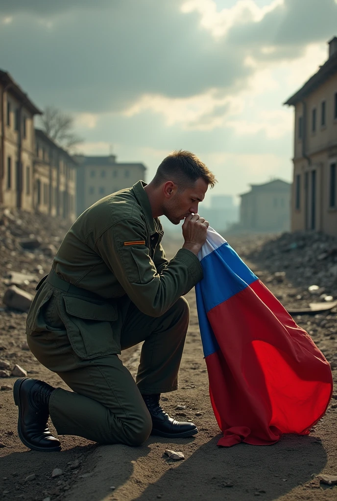 A soldier kisses the Russian flag.