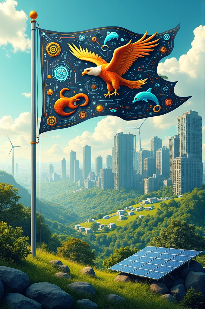 A flag that shows technology and animals living together