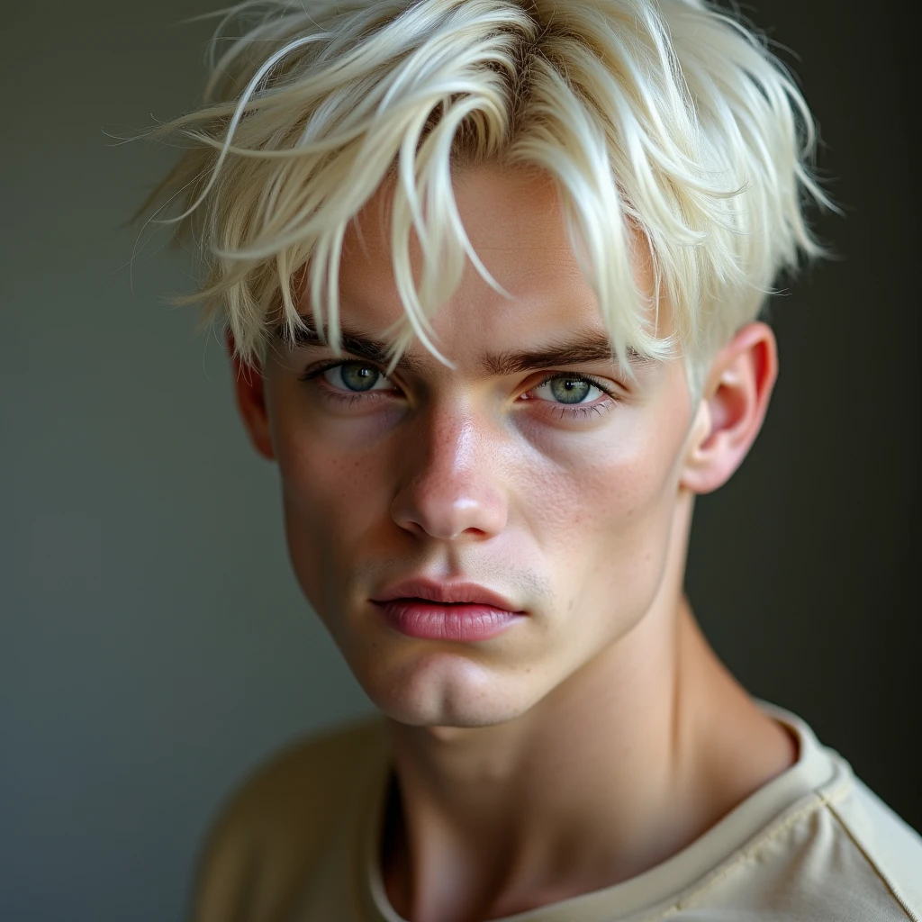 young man, white-blonde hair, gray eyes, distinctive facial features, serious look, beige clothing
