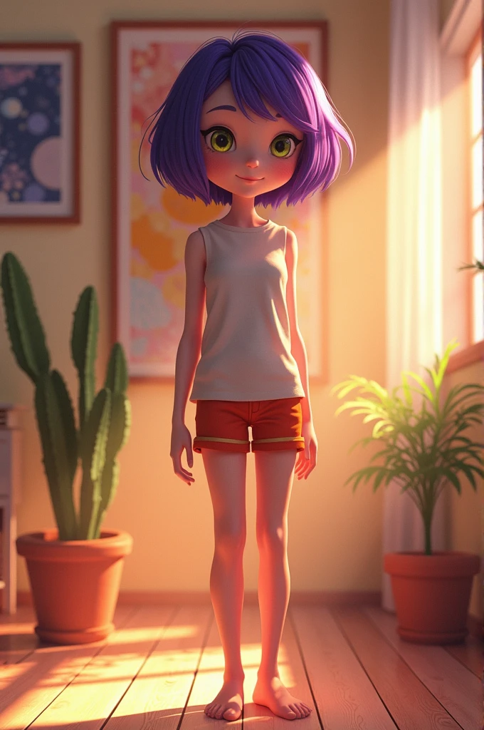 Naked、18 years old、With legs apart、short hair、Purple Hair、Yellow-green eyes