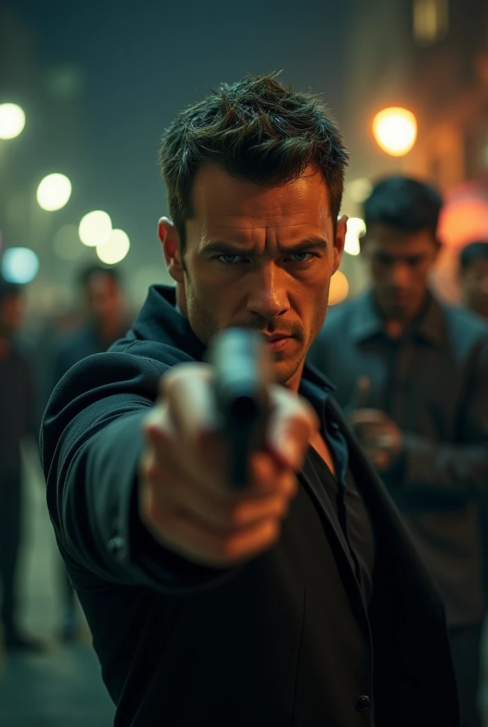 Generate a detailed visual of a man with a modeling look.He has short hair and is pointing a gun with his right hand directly at the camera.But the poster shows the man in low angle frame. From bottom to top angle.There is a bleeding wound on his left hand, around which a cloth is wrapped.The wound on the left hand is wrapped with a cloth, tightened and bitten with the mouth.He has a flexible and slim body and is shirtless. The image should be dramatic and intense, with a focus on the man's expression and posture.Action Movie poster.low angle PIC