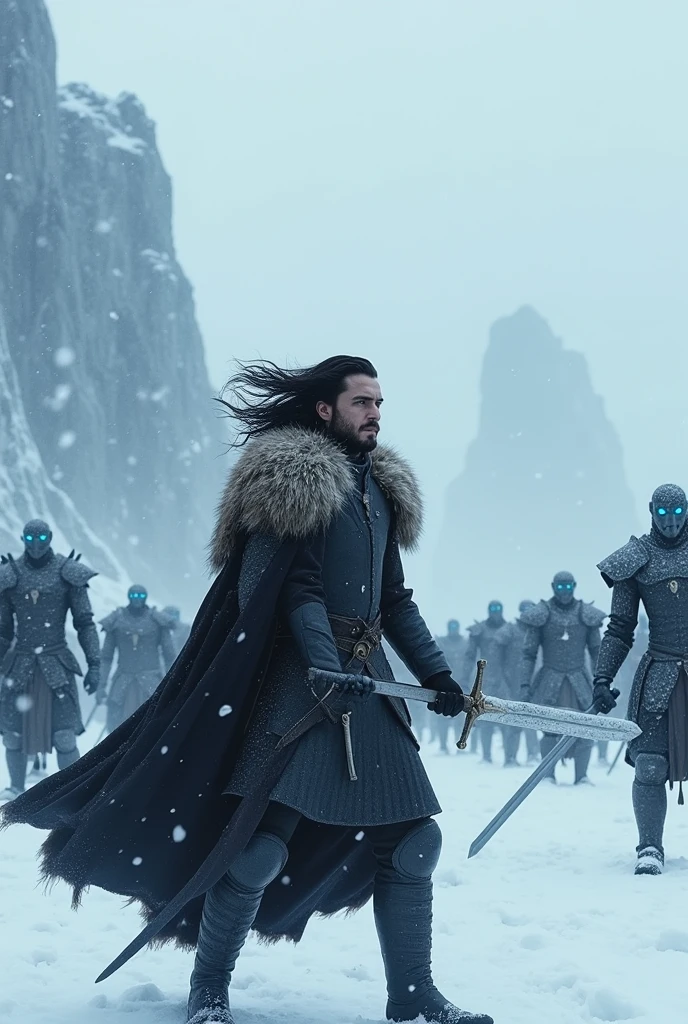 Create an image of John Snow fighting White Walkers and make the image larger.