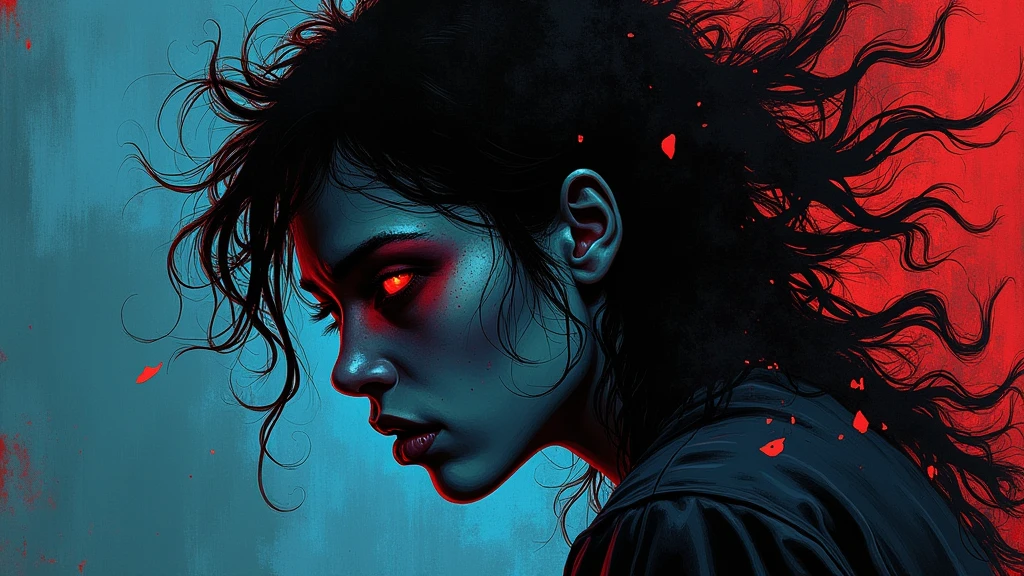 A dark, stylized album cover for the song 'Undone.' The central image is a fragmented feminine figure, drawn with bold, jagged lines. Parts of her are breaking apart into swirling, shadowy tendrils. Her face is partially hidden, with one eye glowing faintly. The colors are deep and muted—indigo, charcoal, and crimson—against a dark, textured background. The art style is like a dark graphic novel or expressionist painting, focusing on the emotional intensity of being 'Undone' by addiction.