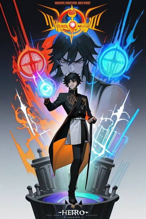 (Best quality, movie poster style), n
"Series name: mana with max", World, where every person has an aura. Our hero will have фиолетовый и черный color, фиолетовый and white aura... He will be dressed like a modern guy., with black hair. Our hero is indoors, where can you see the throne, золотой. Our hero is a man: 1.2), The perfect combination of elements..
Ухмылка, демон