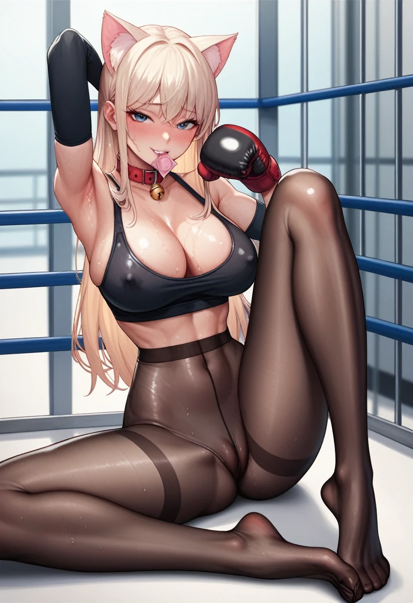 korean beautifull girl，18 years old,Pretty Face，Slim figure，detailed picture, Seductive expression， blush，White long hair, No underwear on，用拳套遮挡nipple，Soaked，Wear black pantyhose，No shoes, Both hands are wearing boxing gloves，Black sleeves on arms, Sitting in the octagon cage, biting a condom.，Large Breasts,Cleavage,Long legs，Thin waist，nipple，Camel toe，Collar，Cat ear