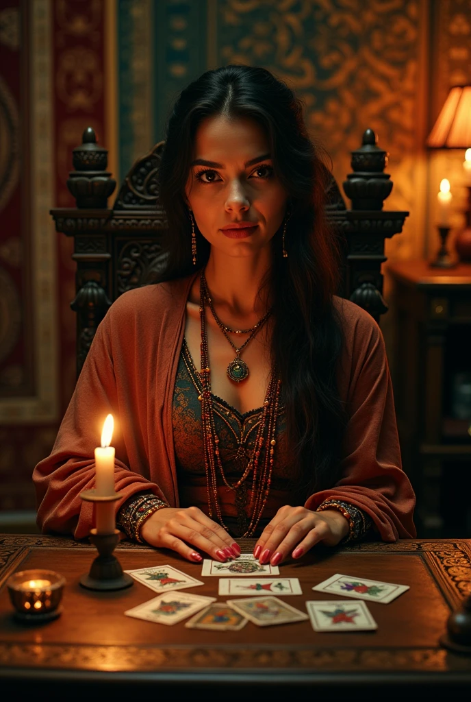a fortune teller, with cards under the table, she is sitting at the fortune teller's table looking directly at the camera realistic image, with high 8k quality 