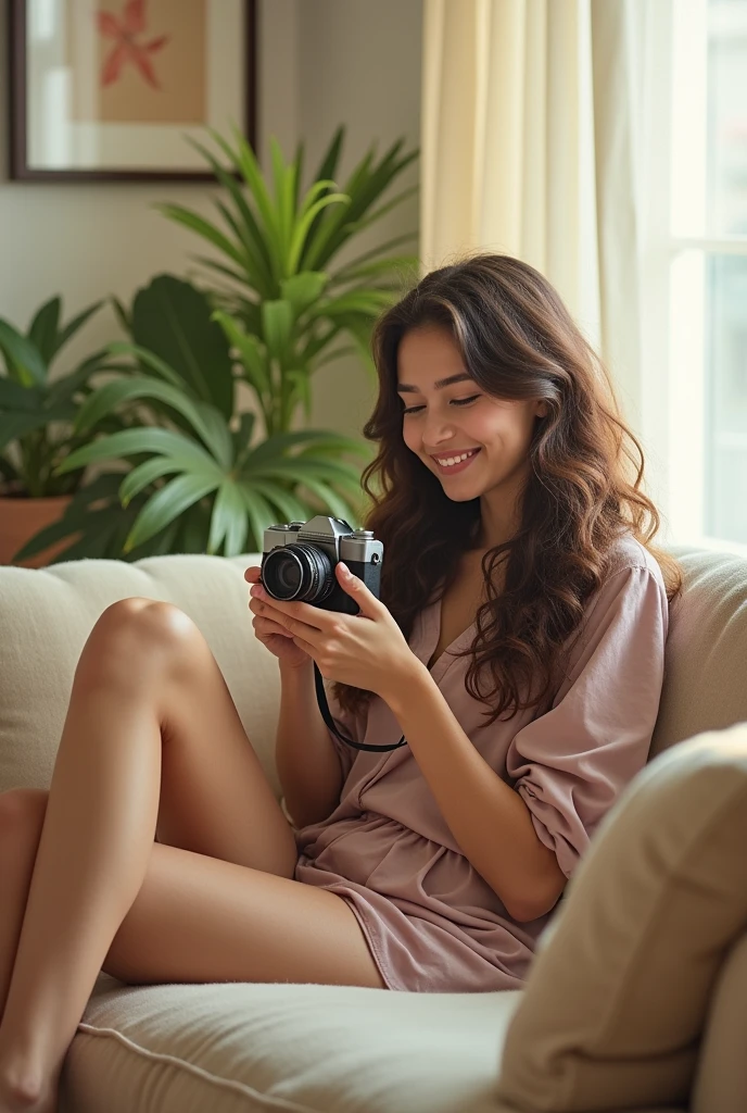 A brunette girl with curly hair and big breasts sits with her legs stretched out, taking a realistic photo