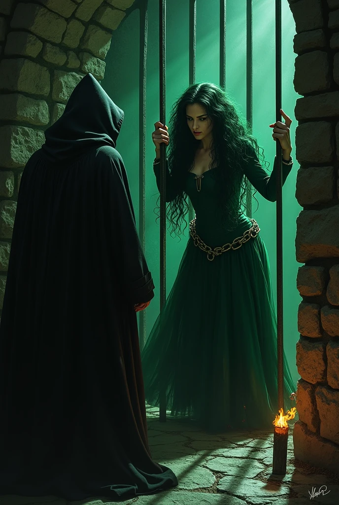 Dark green-haired witch with long curly hair imprisoned, held hostage by a hooded man.