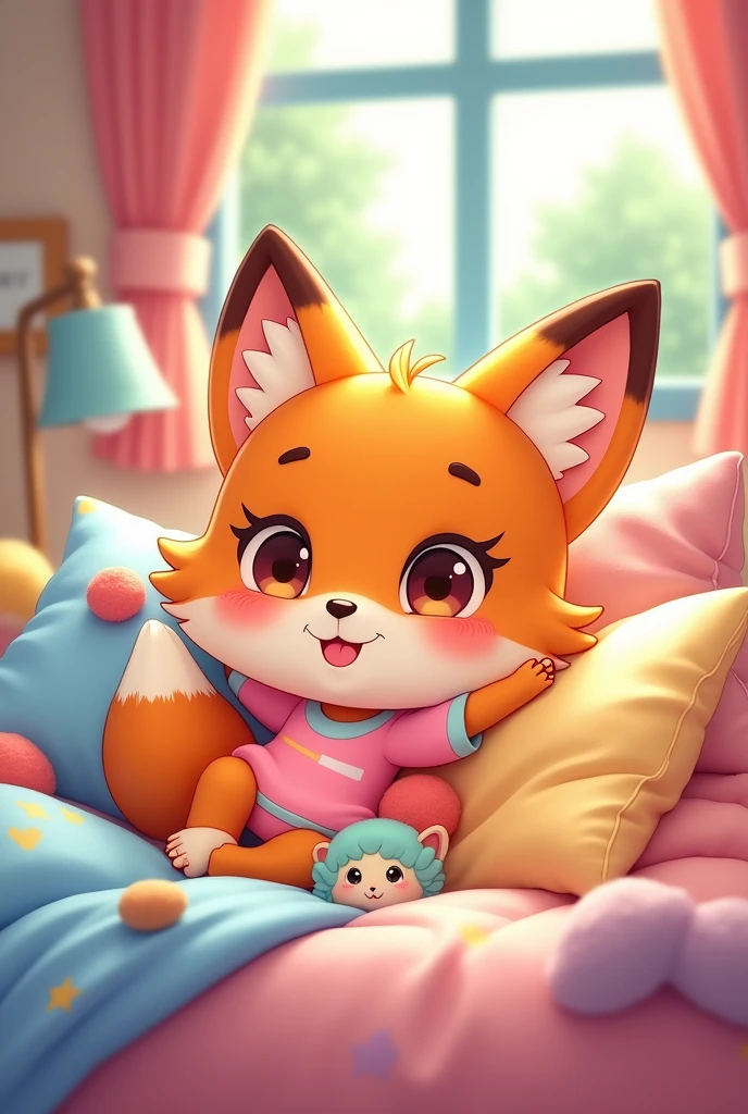 a cartoon 2d anthropomorphic fox girl kid wearing a pink, yellow, and blue gradient shirt relaxing on top of a bed. She’s bottomless.