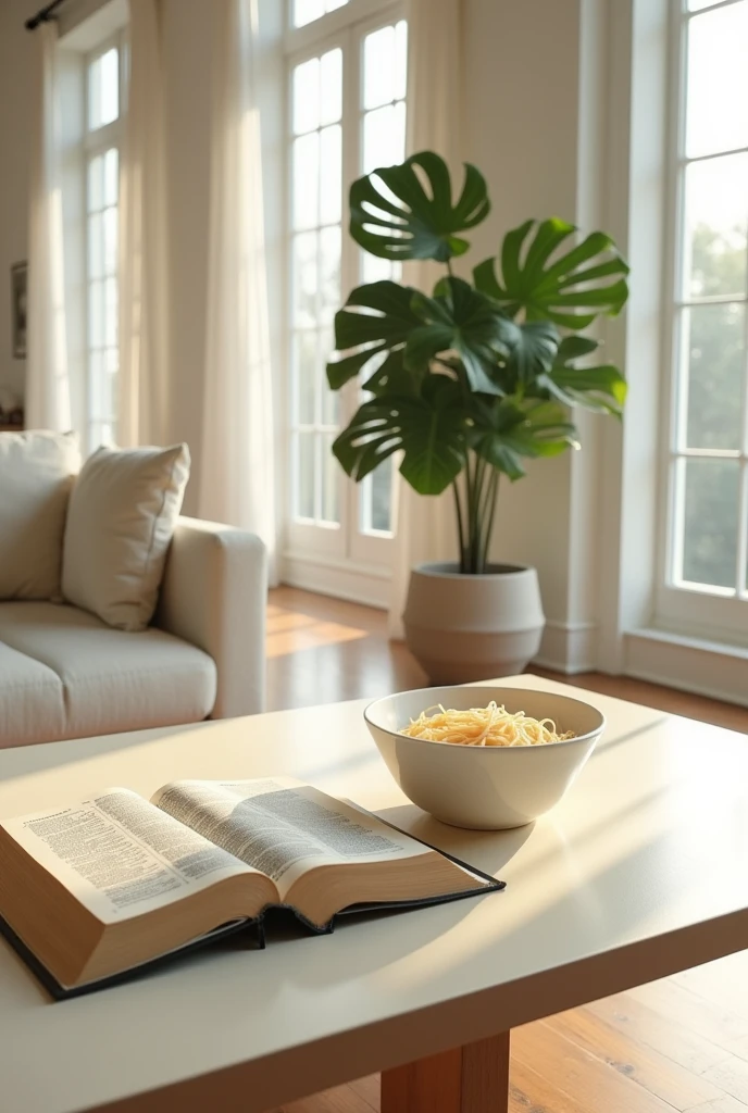 Wide and bright living room,Thin noodles、A Bible is placed on the table in a minimalist style,In the center, there is a large pot with a white monstera.