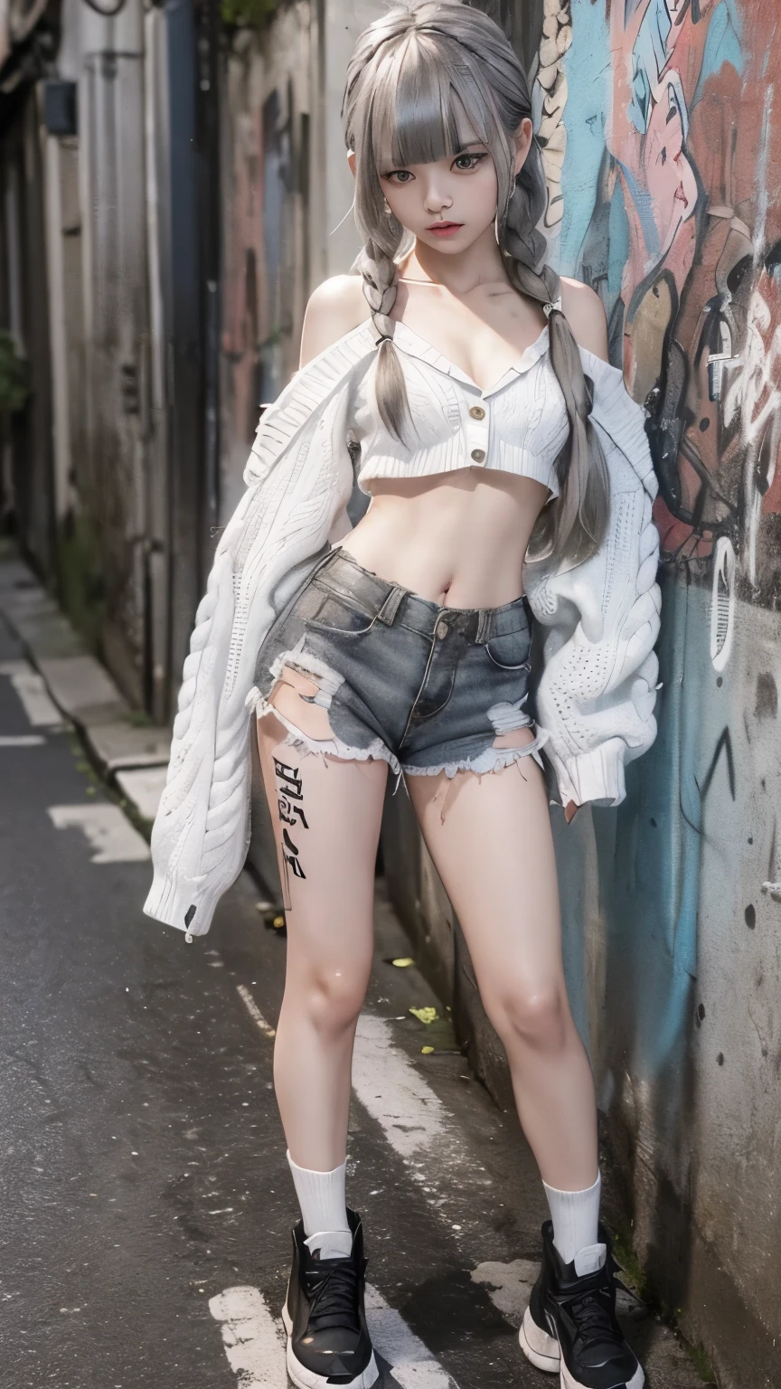 RAW Photos, 8k, (Highest quality), Realistic, (live-action, Intricate details), (Natural skin texture, Detailed skin, Hyperrealism, Sharpness), (Japanese teen girl standing in a dirty back alley at night, graffitied wall:1.3, Sexy pose), ((White knit sweater, Off the shoulder, Black shorts)), (((Flat Chest:1.5))), (Pale skin:1.2), ((Gray Hair, Braid, Blunt bangs)), (Fascinating face, Provocative look, Lips parted:1.3), thigh, graffiti:1.5, trash can, at night, Spot lighting:1.3, Full Body Shot