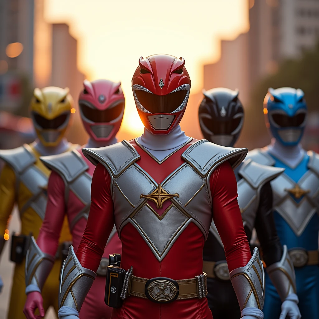 a closeup photo of a team of 5 armored power rangers doing heroic poses