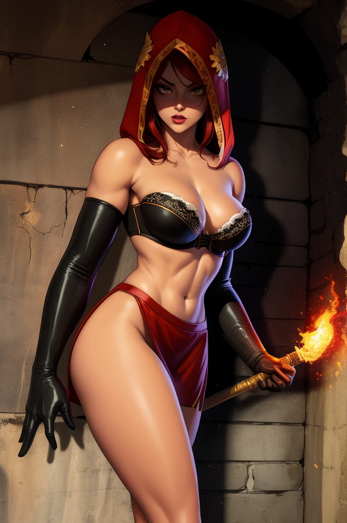 Dsorceress, redhair, shadowy face,dark cave, fire, hood, shadowed cute face, mini skimpy strapless bra, slim and athletic body, skinny thighs, skimpy slit miniskirt, no underwear, no panty, elbow gloves, dark skin, 1 girl (insanely detailed, masterpiece, best quality)