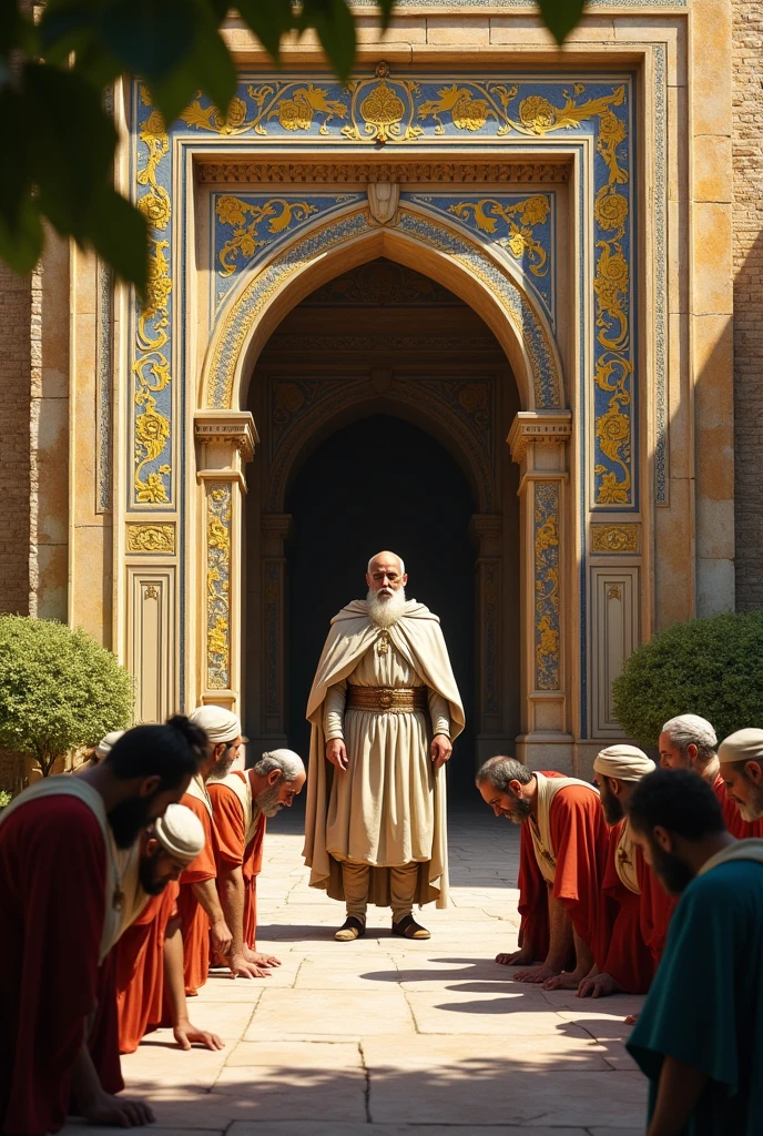A Persian palace gate with yellow and blue mosaic tiles in the background, in front of which stands a palace official, a general. Several people are prostrating themselves on the ground, except for one Hebrew man with a well-trimmed white beard and traditional attire, who stands upright looking at the official.