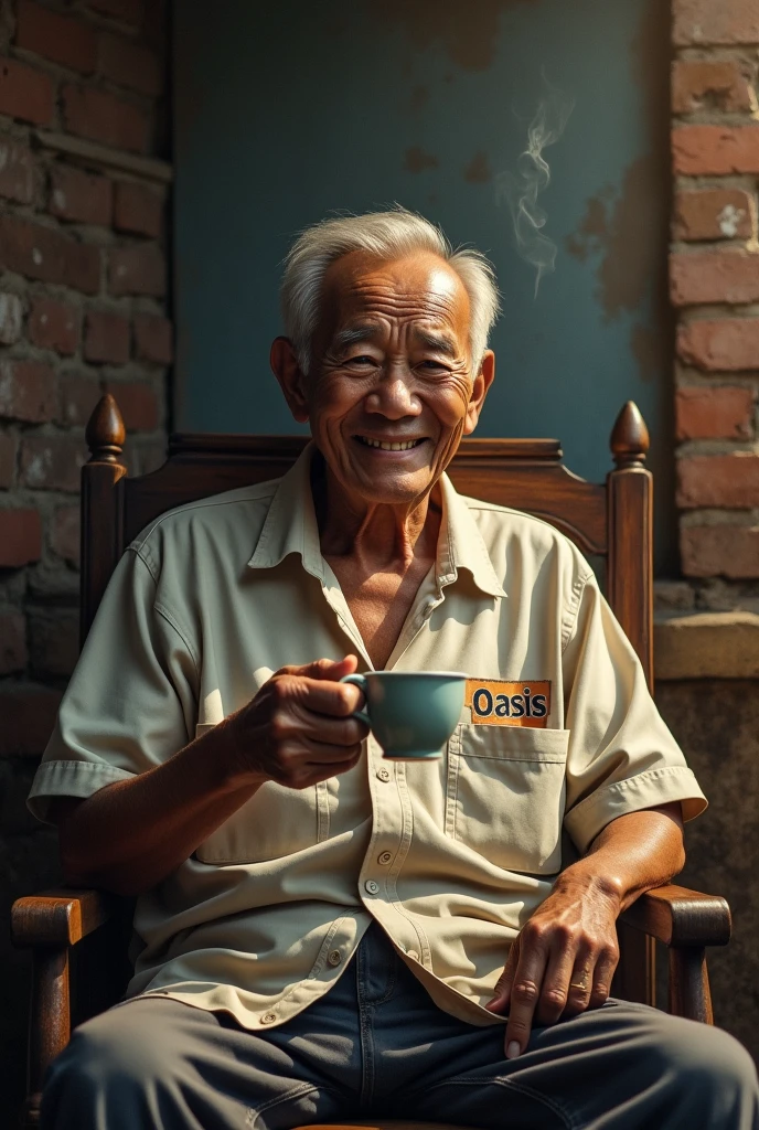 (photorealism:1.2) realistic high detailed definition Malay old man sitting on chair left hand hold cup of coffee and right hand hold cigarette smile face background filthy bricks wall on the street morning mode sunlight effect silhouette wearing shirt wrote oasis
