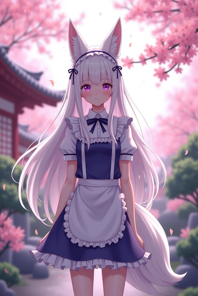 A girl with a white fox tail and ears, white hair and wearing a maid outfit. With violet eyes and height 1,82. Anime image style