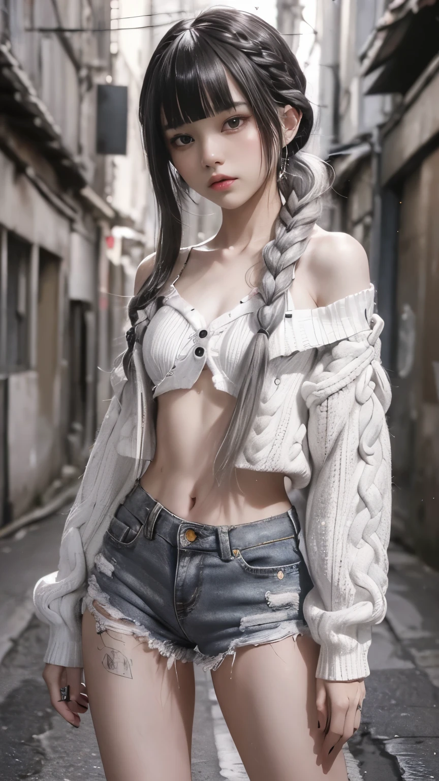 RAW Photos, 8k, (Highest quality), Realistic, (live-action, Intricate details), (Natural skin texture, Detailed skin, Hyperrealism, Sharpness), (Japanese teen girl standing in a dirty back alley at night, graffitied wall:1.3, Sexy pose), ((White knit sweater, Off the shoulder, Black shorts)), (((Flat Chest:1.5))), (Pale skin:1.2), ((Gray Hair, Braid, Blunt bangs)), (Fascinating face, Provocative look, Lips parted:1.3), thigh, graffiti:1.5, trash can, at night, Spot lighting:1.3, Full Body Shot