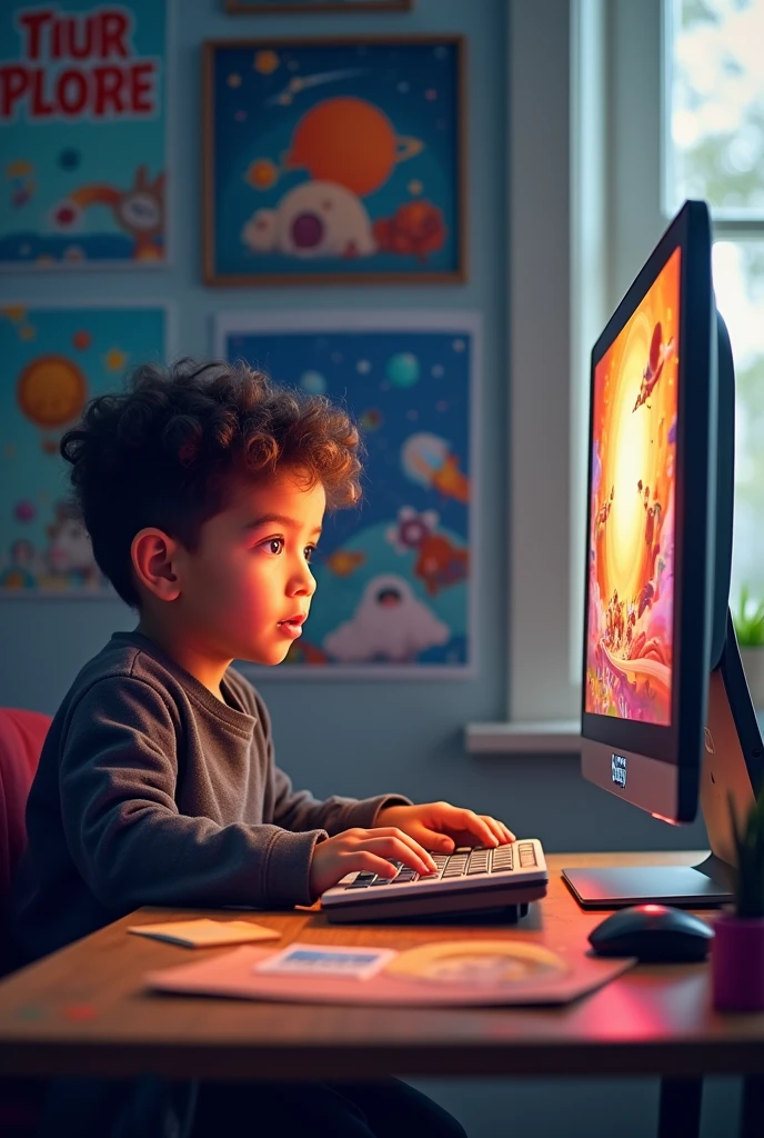 A  young 
boy sits and runs a computer with his name written as Jihad