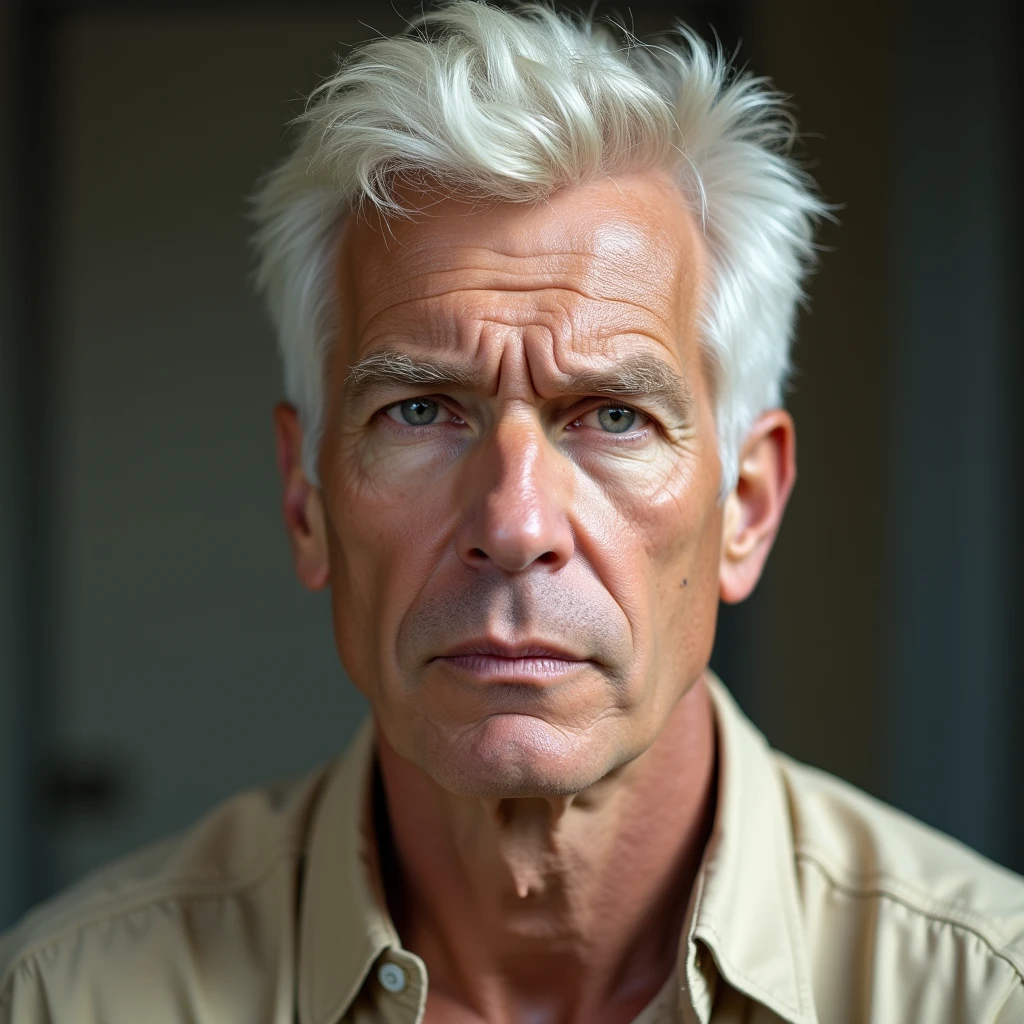 adult man, white-blonde hair, gray eyes, distinctive facial features, serious look, beige clothing